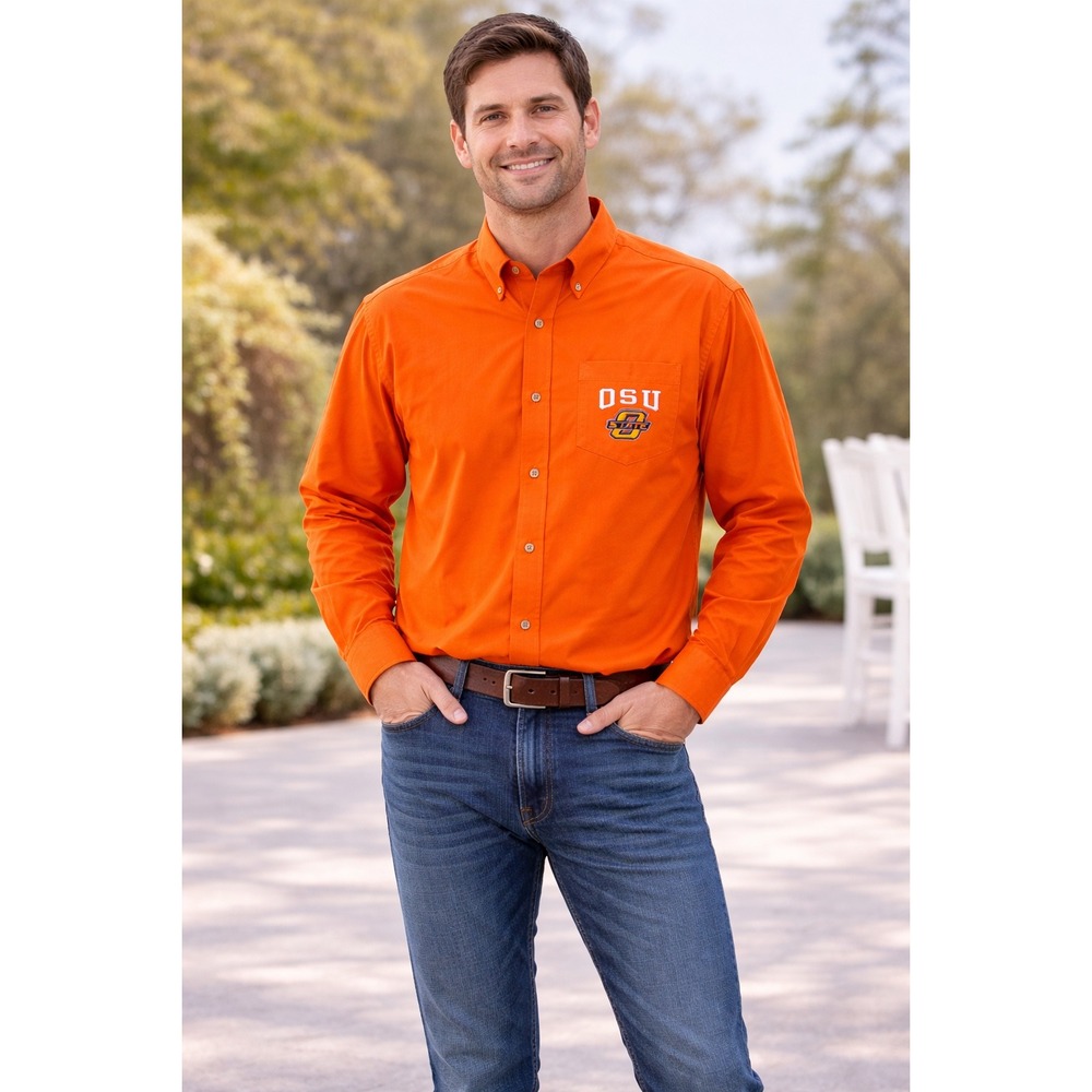 Vintage Red Oak Mens OSU Oklahoma State University Button Shirt Orange Size M